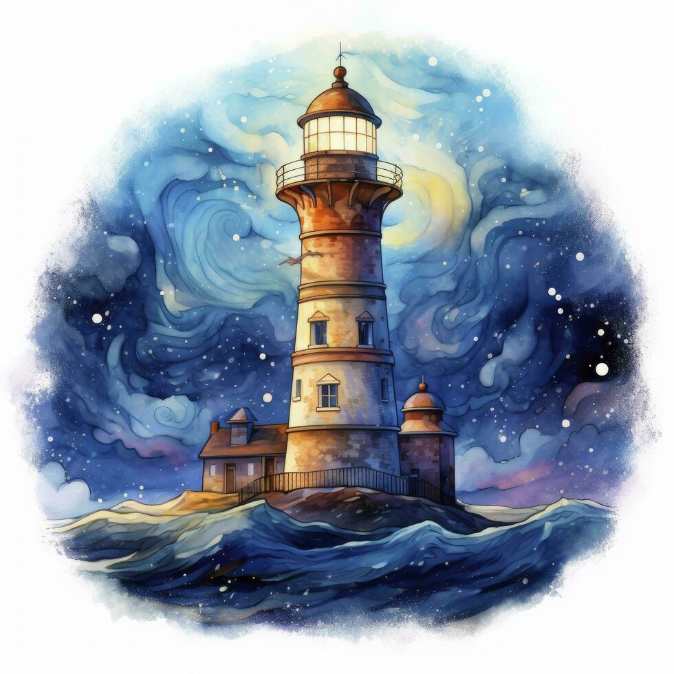 AI generated Lighthouse beside the sea at Night. watercolor for T-shirt design. AI Generated photo