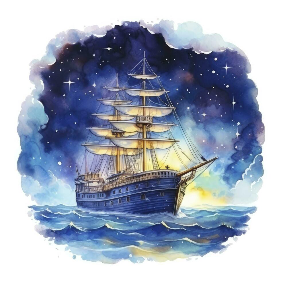 AI generated Night sea ship watercolor style for T-shirt design. AI Generated photo