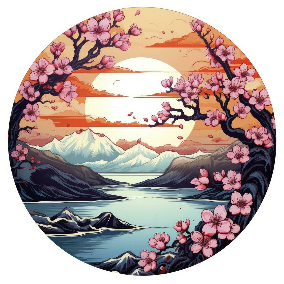 AI generated Cherry blossoms in the sunset background. Japanese tattoo style. AI Generated photo