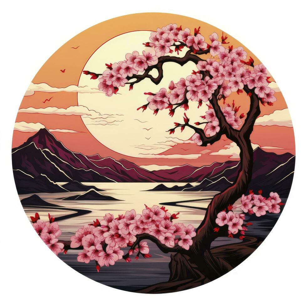 AI generated Cherry blossoms in the sunset background. Japanese tattoo style. AI Generated photo