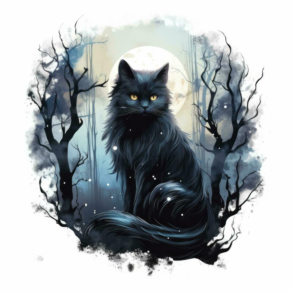 AI generated Black Cat in Moonlit Forest. Watercolor for T-shirt design. AI Generated photo