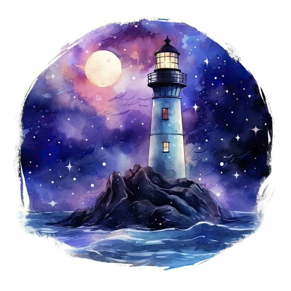 ai generado faro junto a el mar a noche. acuarela para camiseta diseño. ai generado foto