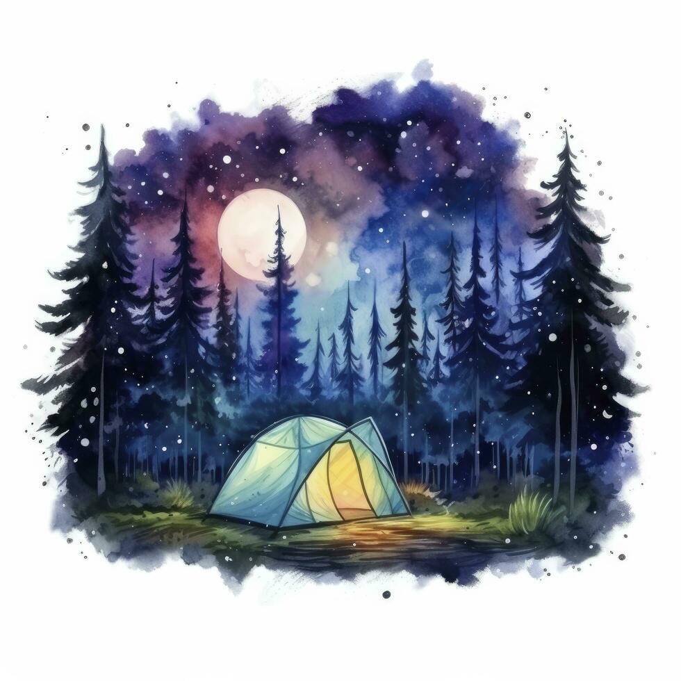 AI generated A Camping Tent in the forest with Night sky, watercolor for T-shirt Design. AI Generated photo