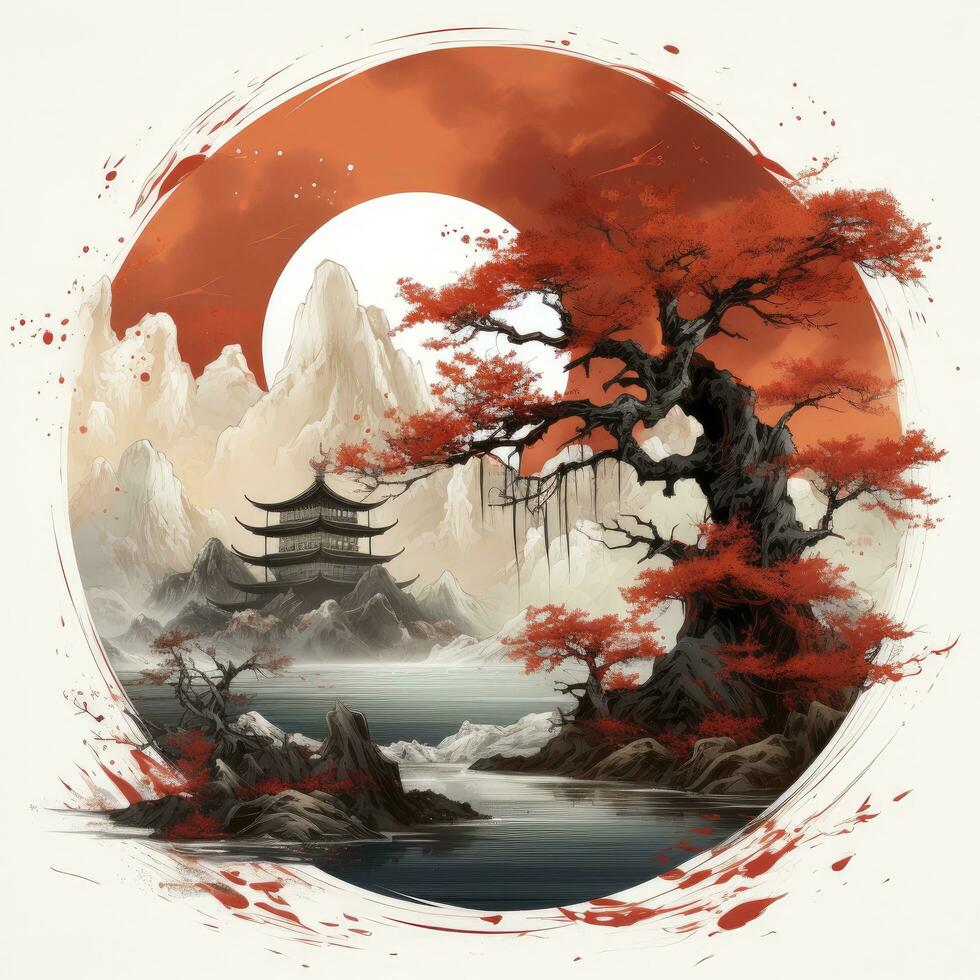 AI generated Chinese ink painting. T-shirt Design. AI Generated photo