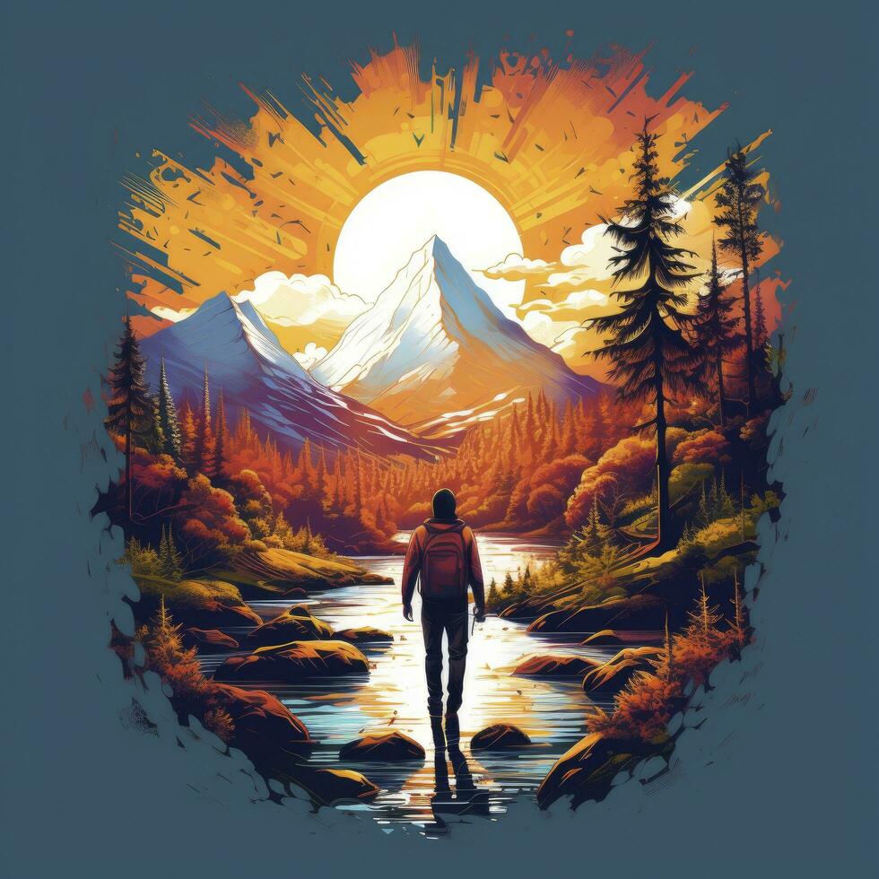 AI generated Vibrant colors wilderness hiking scene for t-shirt. AI Generated photo