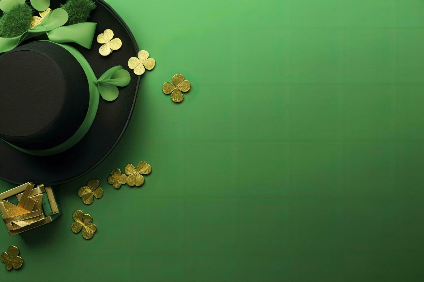 AI generated St Patrick's Day concept. leprechaun headwear gift boxes pot with gold coins. AI Generated photo