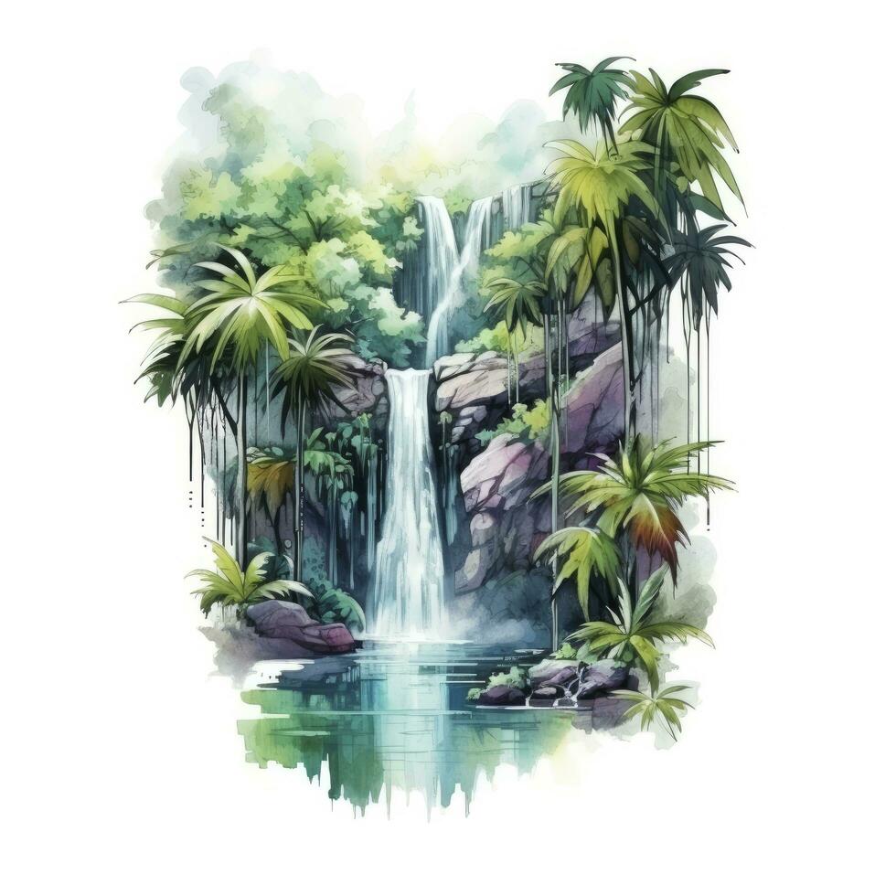 AI generated Green tropical waterfall in the forest. AI Generated photo