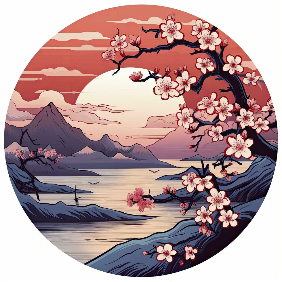 AI generated Cherry blossoms in the sunset background. Japanese tattoo style. AI Generated photo