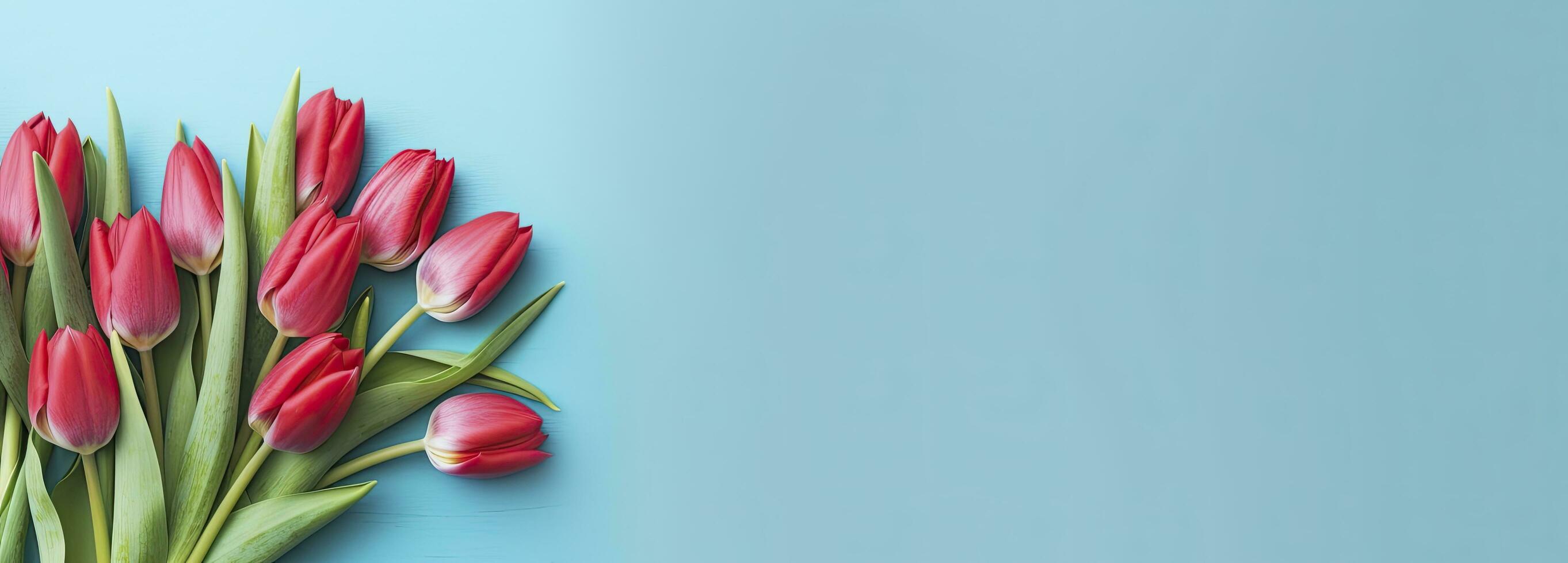 AI generated Bouquet of red tulip on blue Background. Top view with copy space.  AI Generated photo