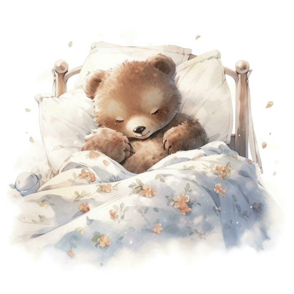 AI generated A sleepy baby bear in a bedding. watercolor illustration. AI Generated photo