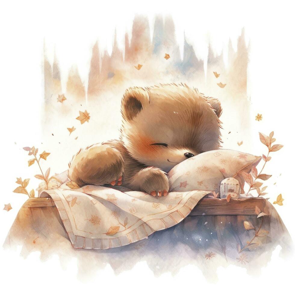 AI generated A sleepy baby bear in a bedding. watercolor illustration. AI Generated photo