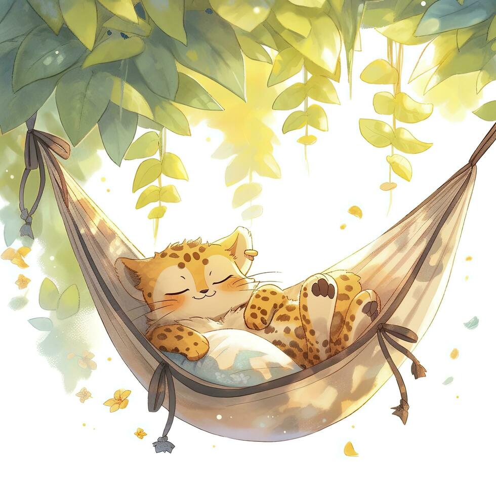 AI generated A sleepy baby leopard in a hammock. watercolor illustration. AI Generated photo