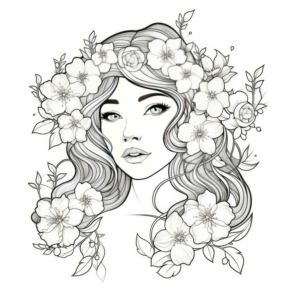 AI generated A girl on a coloring book page with Jasmine flowers. AI Generated photo