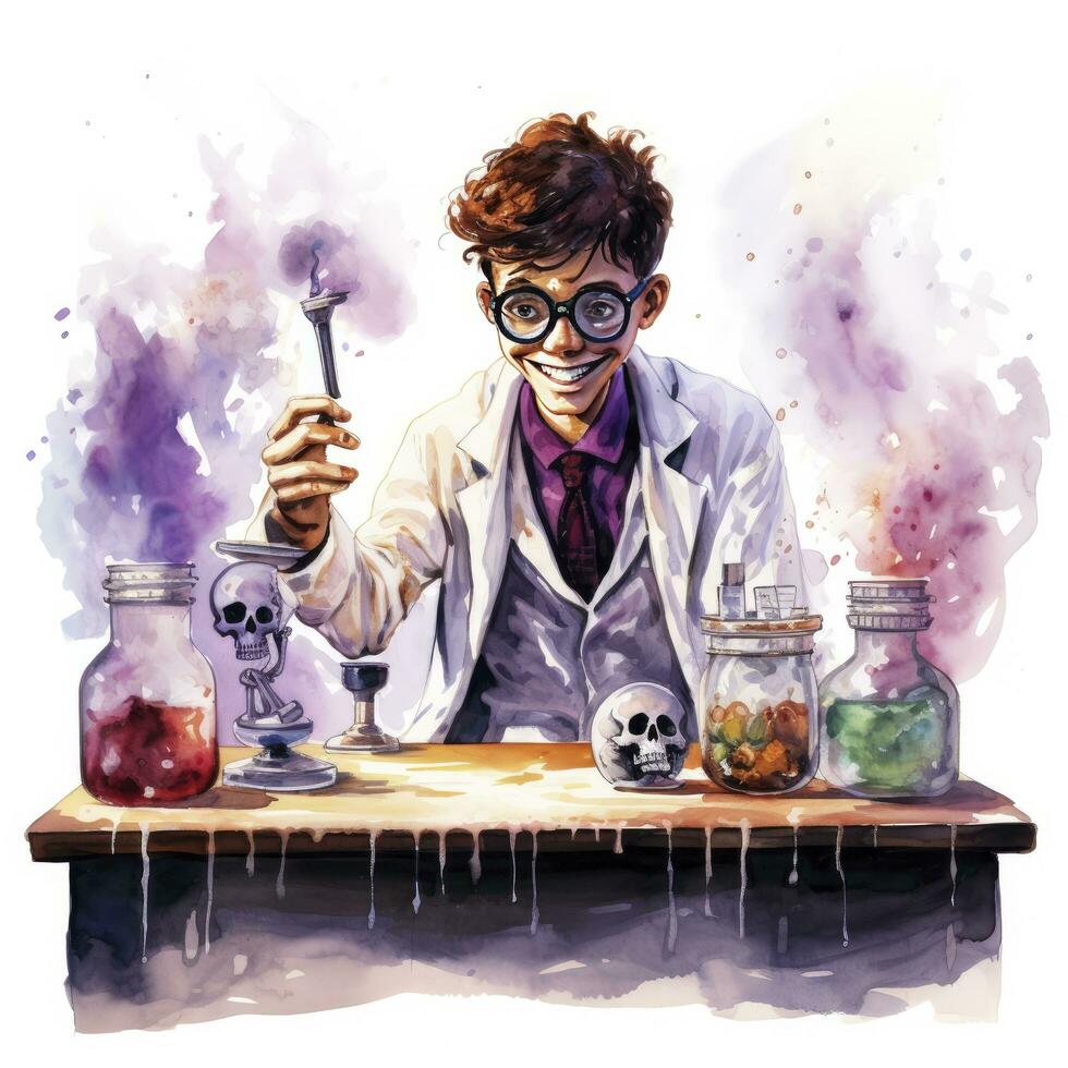 AI generated A student in a science classroom with lab equipment, watercolor. AI Generated photo