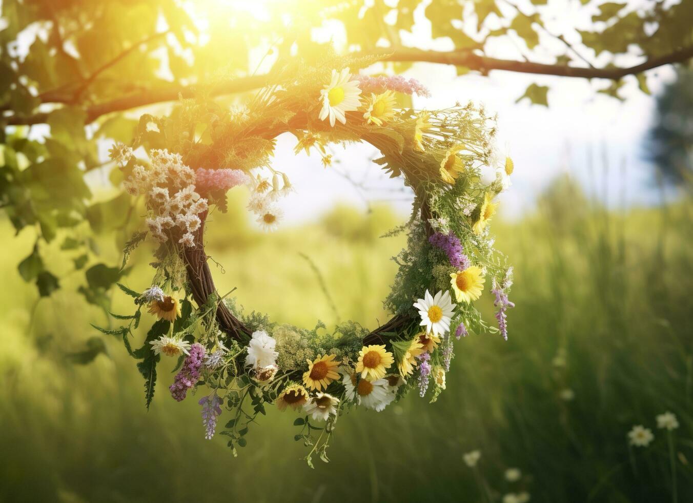 AI generated Rustic wildflowers wreath on a sunny meadow. Summer Solstice Day, Midsummer concept. Generative AI photo