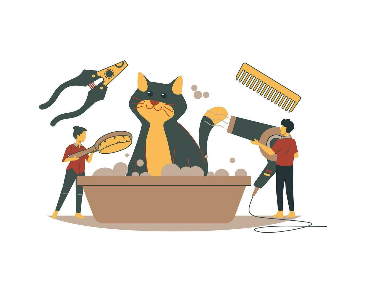 people washing a cat in a tub with a comb and hair dryer for animal and pet Pet adoption and fostering vector