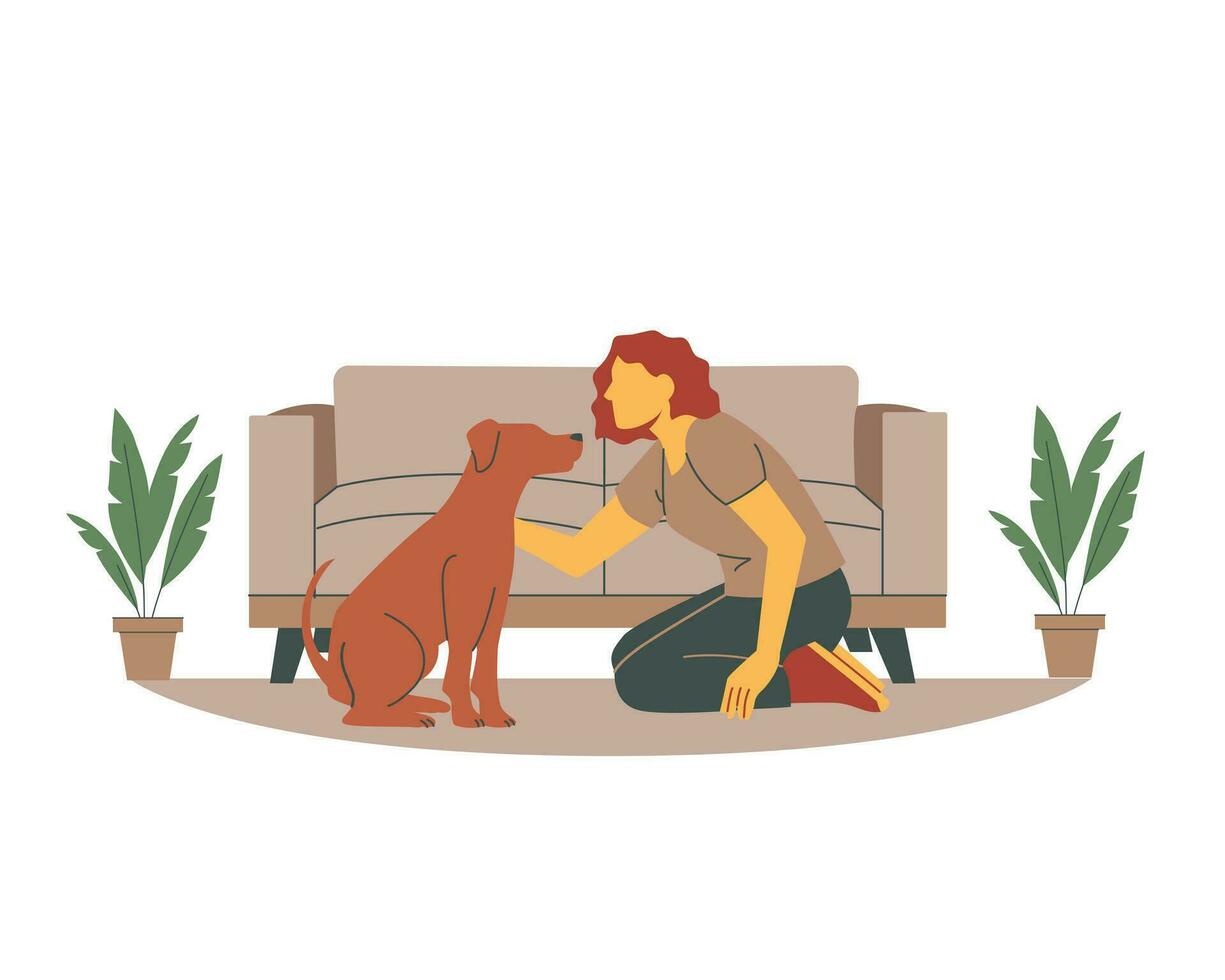 Woman sitting on the floor with her dog  flat vector illustration