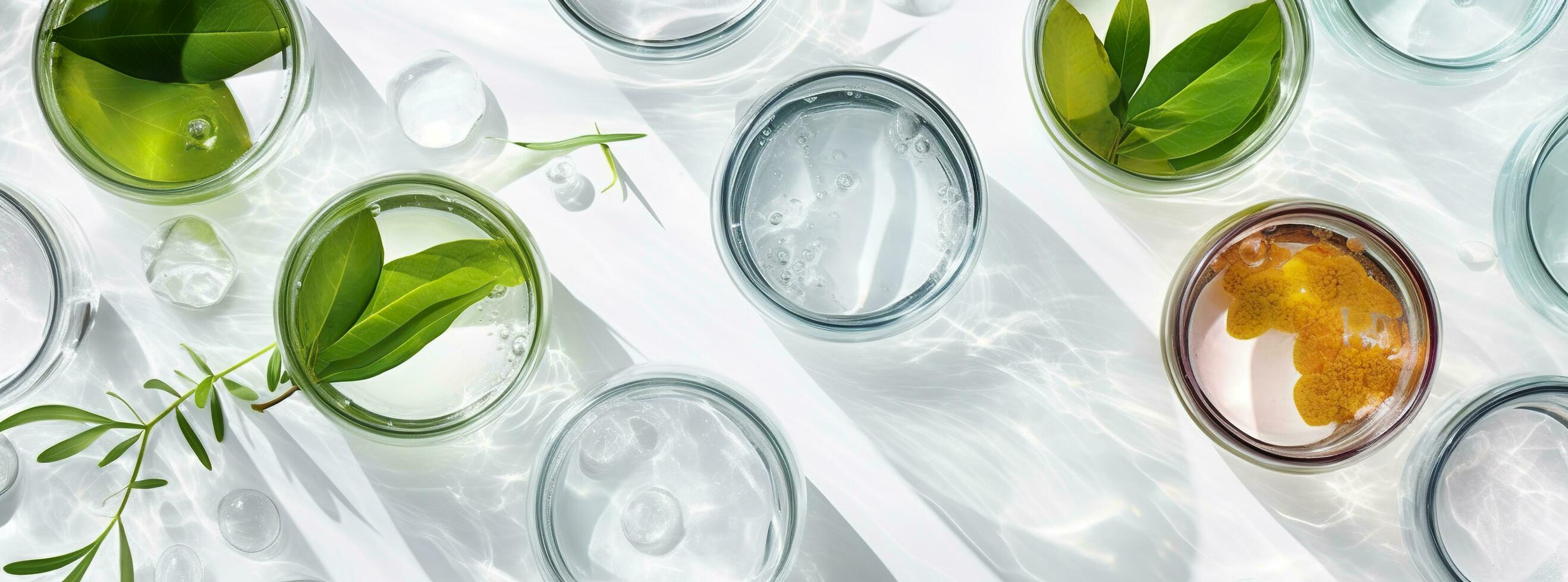 AI generated Banner Laboratory glassware, and Petri dishes floating on the surface of the water. AI Generative photo