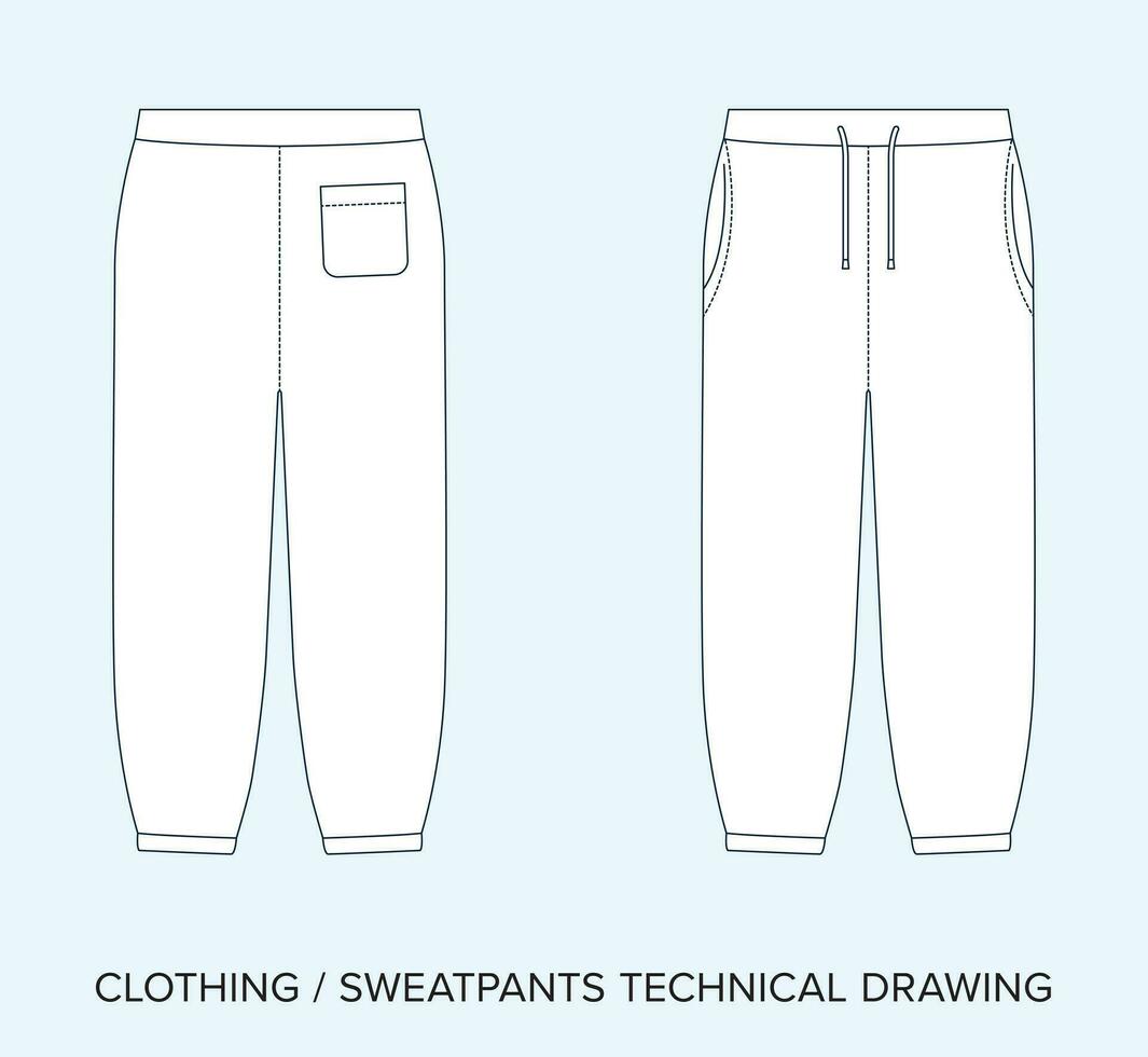 Joggers, Track Pants, Technical Drawing, Apparel Blueprint for Fashion Designers vector