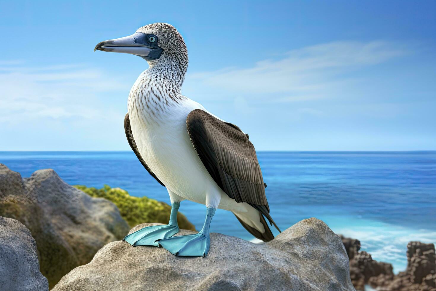 AI generated The rare blue-footed booby rests on the beach. AI Generated photo