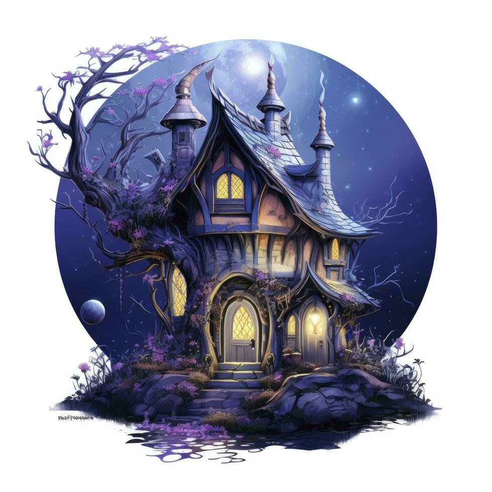 AI generated Moonlight dark themed night elf fairytale fantasy fairy house. AI Generated photo