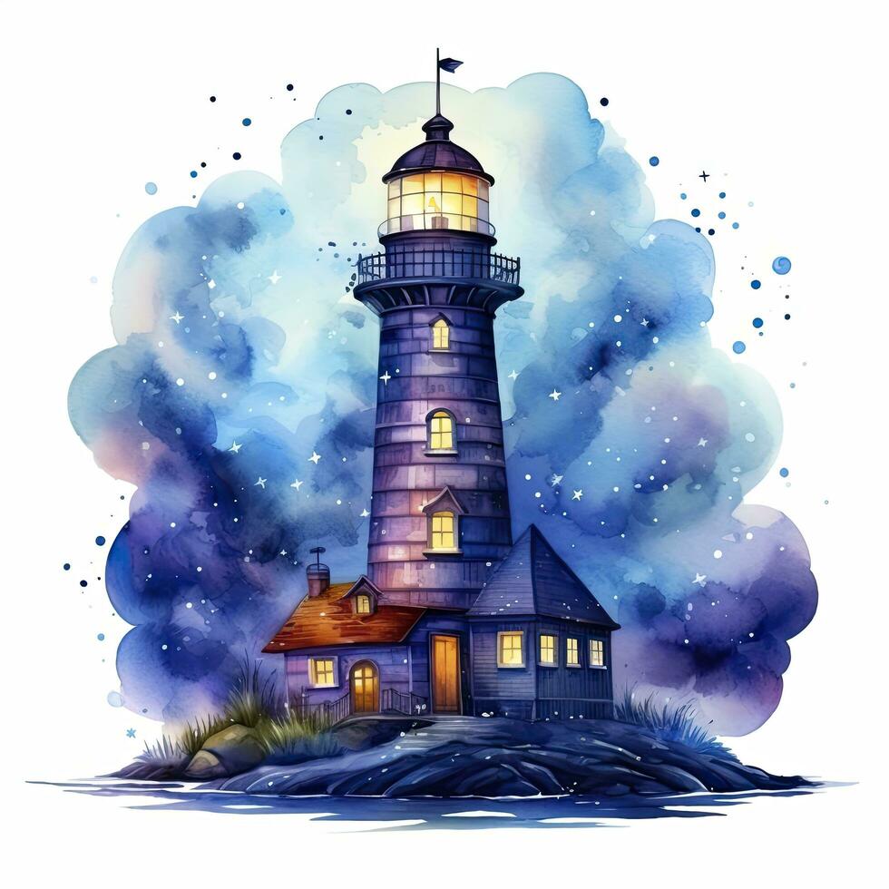 AI generated Lighthouse beside the sea at Night. watercolor for T-shirt design. AI Generated photo