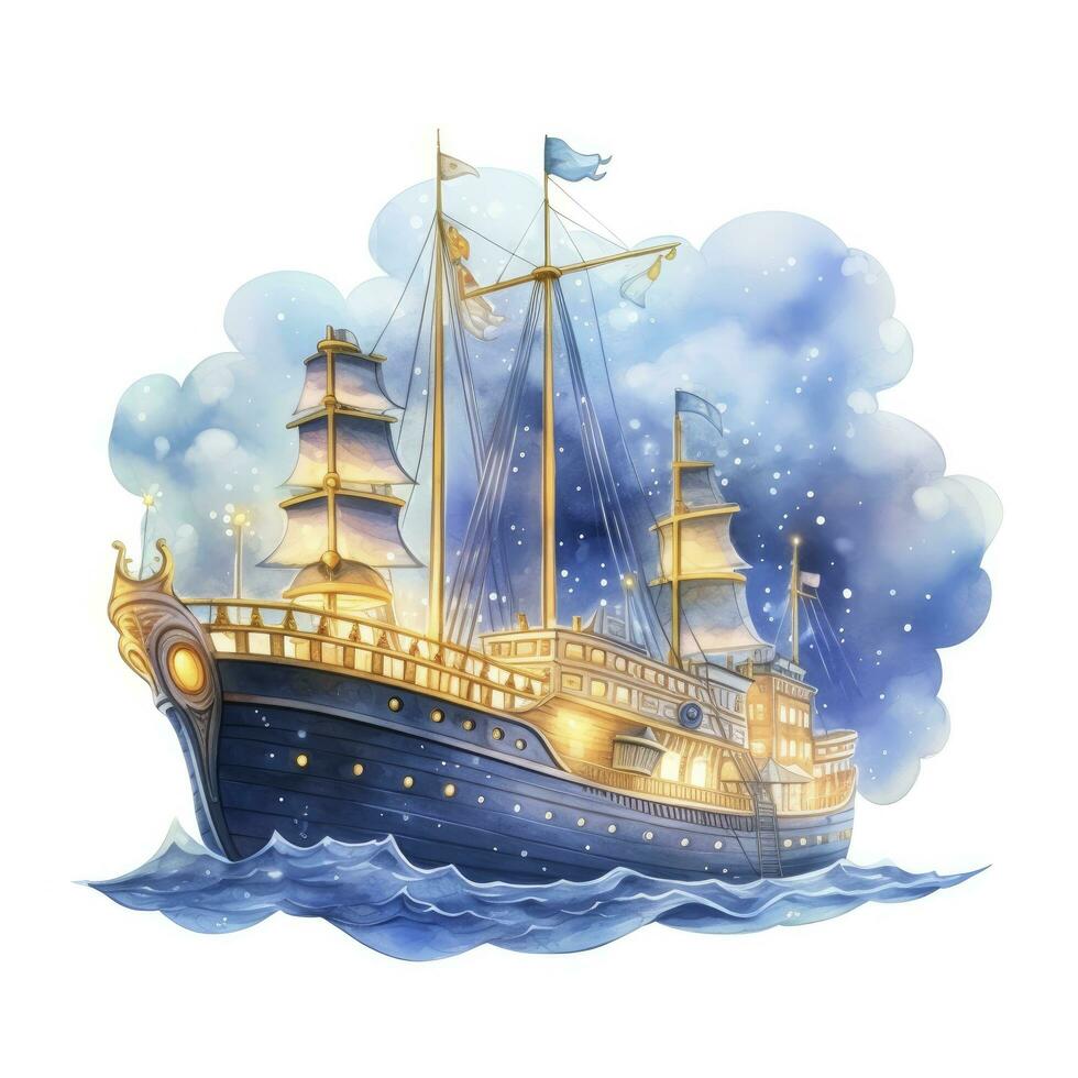 AI generated Night sea ship watercolor style for T-shirt design. AI Generated photo