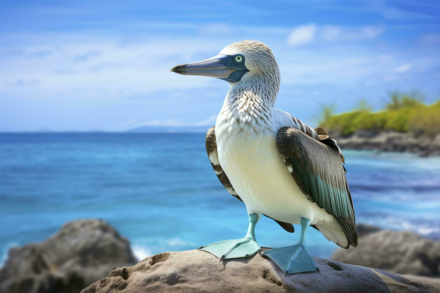 AI generated The rare blue-footed booby rests on the beach. AI Generated photo