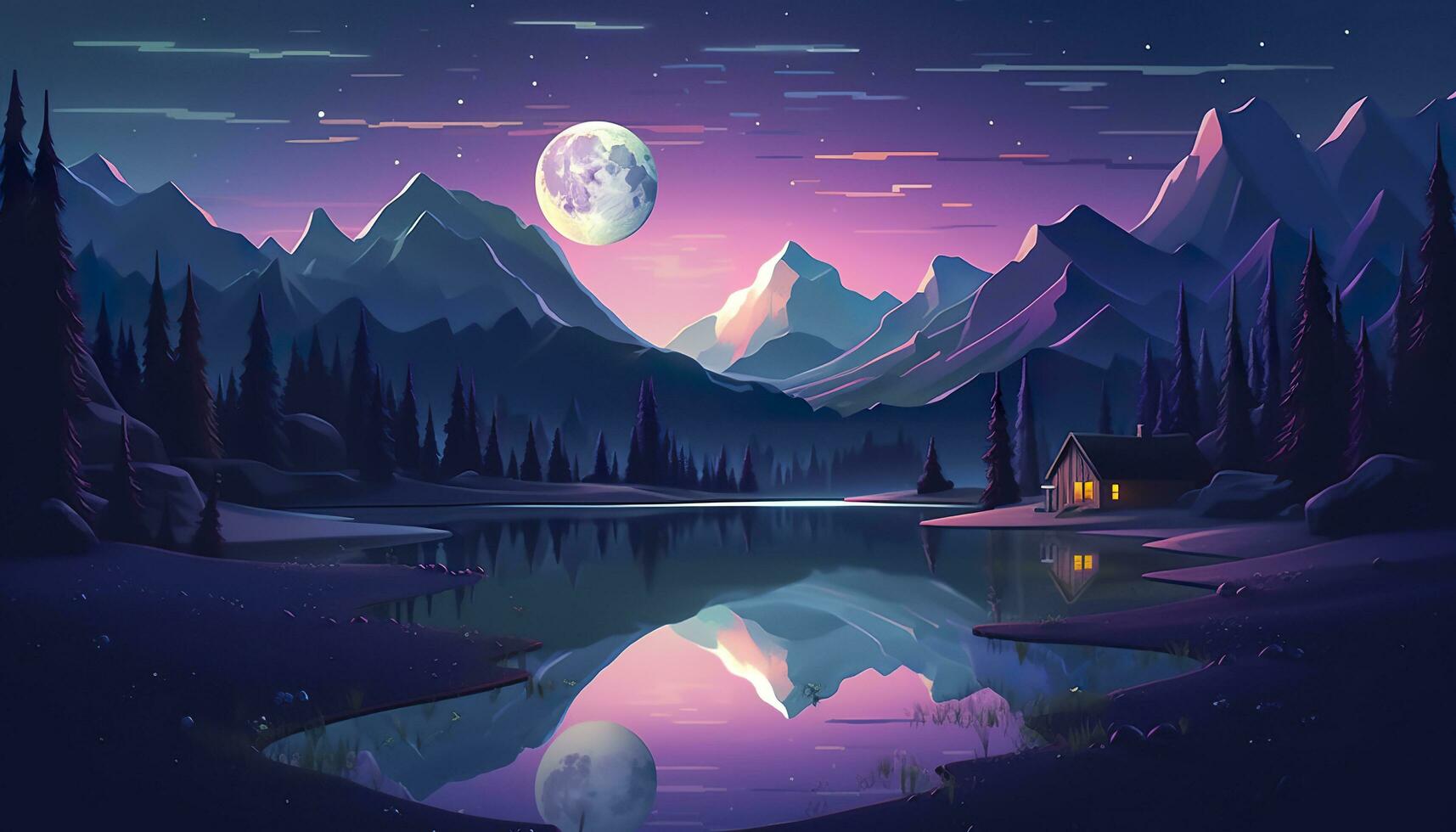 AI generated Moonlight mountain scene, house beside a lake. AI Generative photo