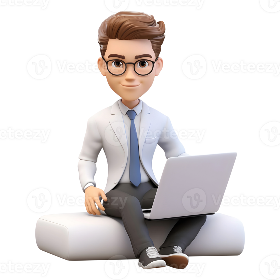 AI generated 3D Rendering of a Boy Using Laptop While Sitting on Transparent Background - Ai Generated png