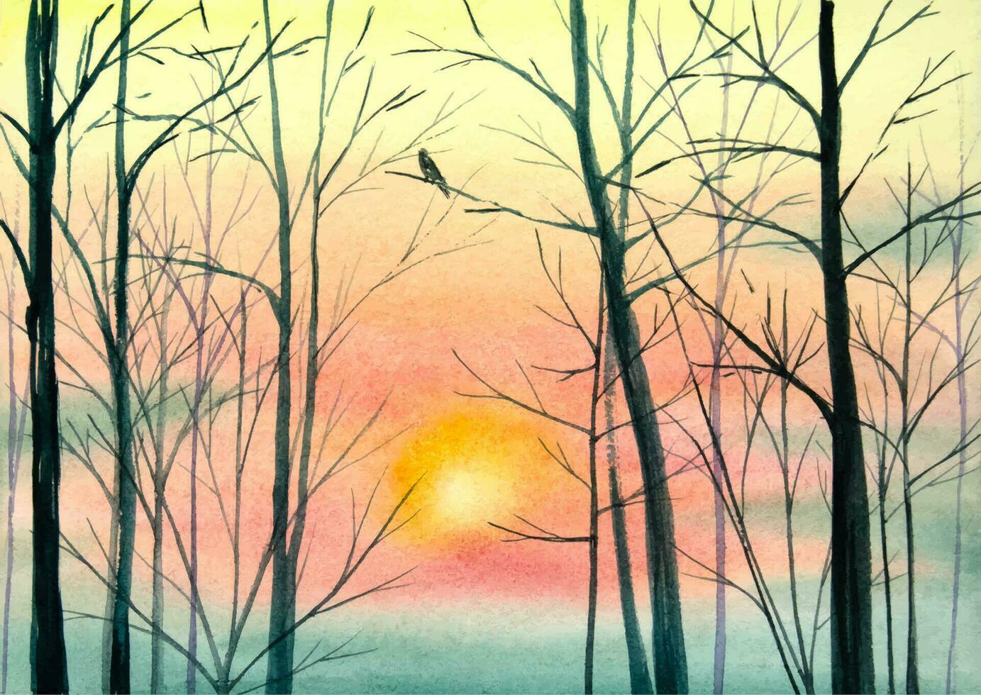 Hand painted watercolor trees without leaves. Watercolor sunset landscape with trees. vector