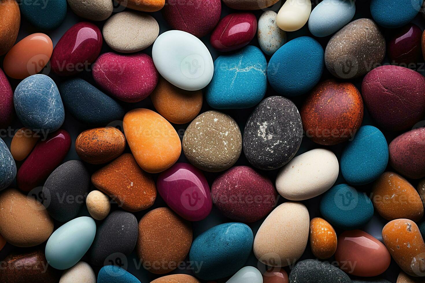 AI generated colorful pebbles texture background, closeup multicolored smooth stones photo