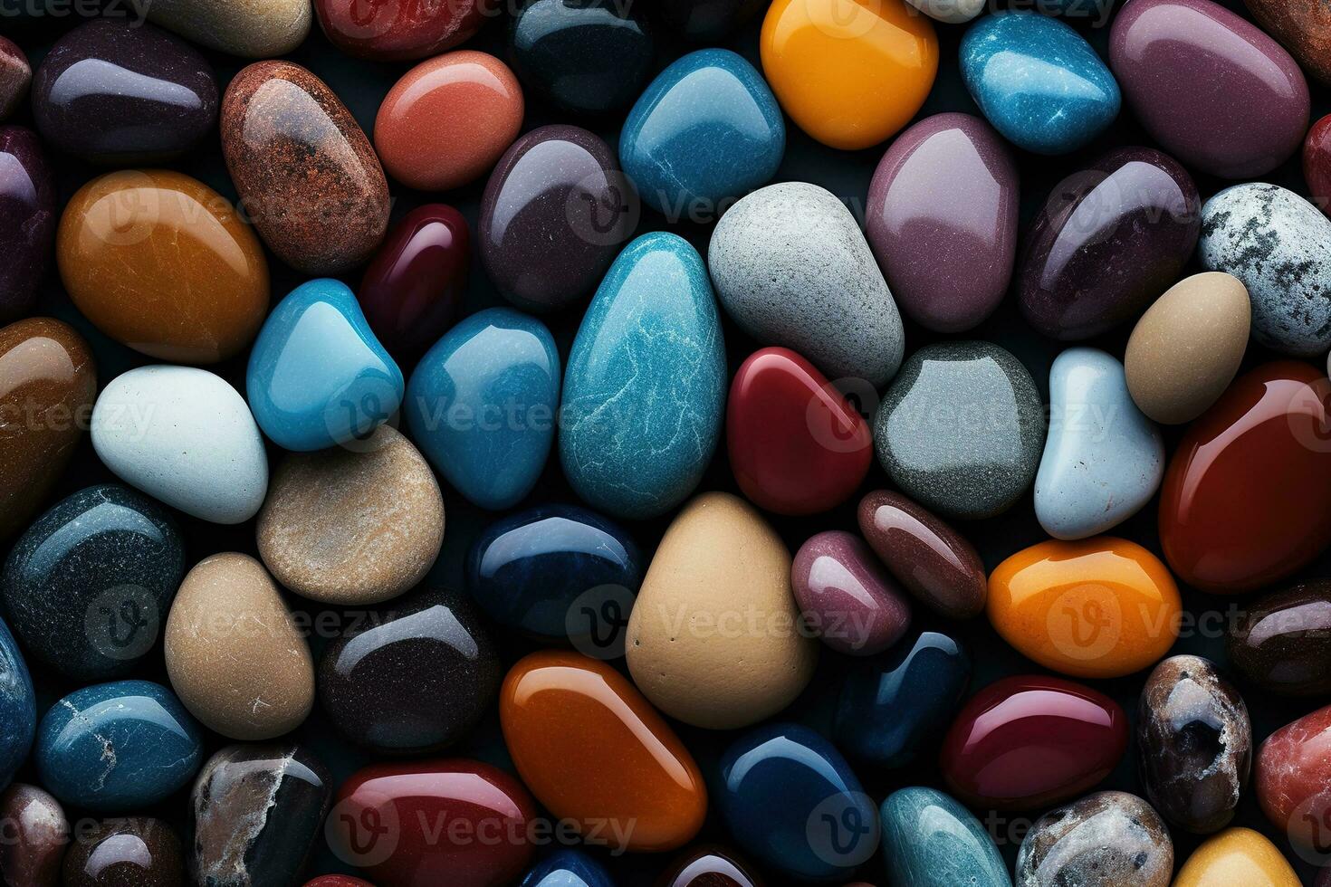 AI generated colorful pebbles texture background, closeup multicolored smooth stones photo