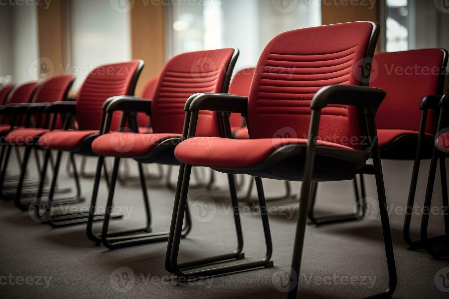 AI generated Photo of a row of identical office chairs in a meeting room. Generative AI