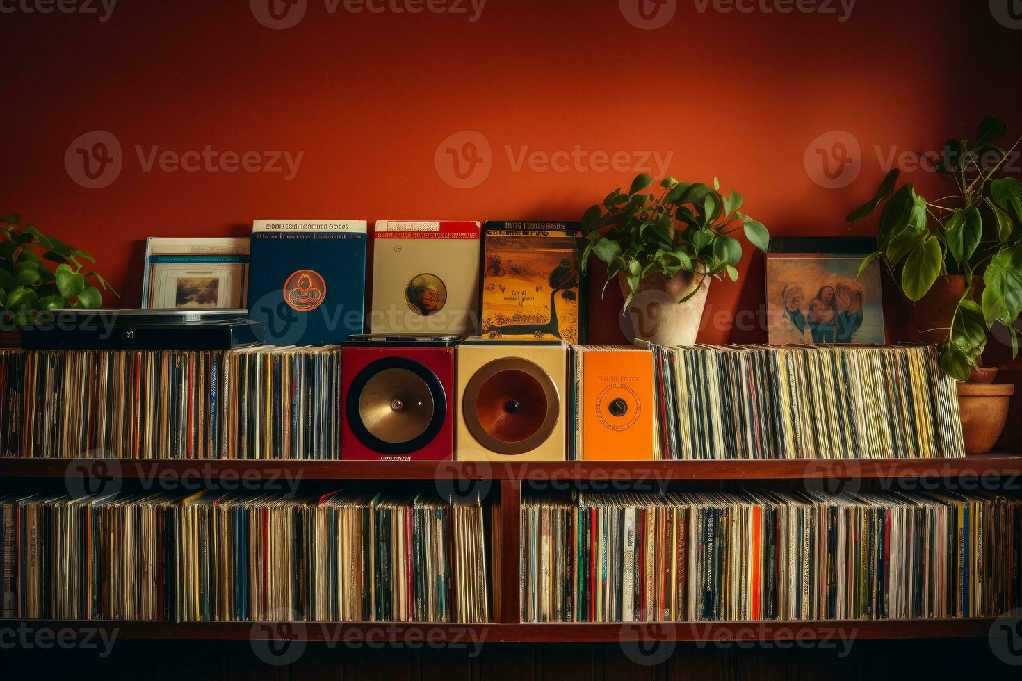 AI generated Photo of a vintage record collection on a shelf. Generative AI