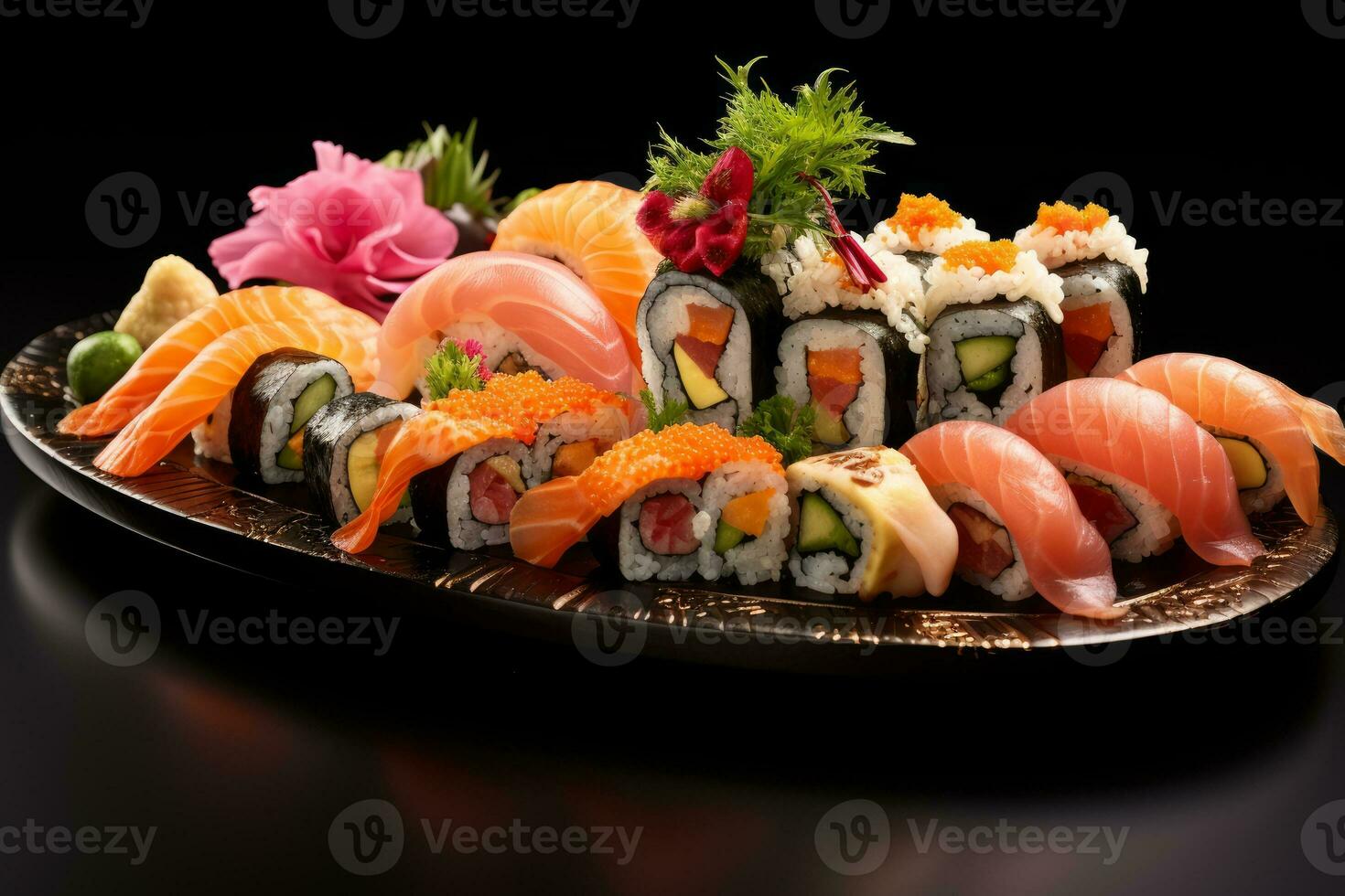AI generated Photo of a sushi assortment on a decorative platter. Generative AI