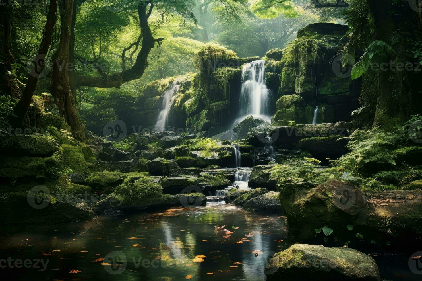 AI generated Photo of a serene forest glade with a hidden waterfall. Generative AI