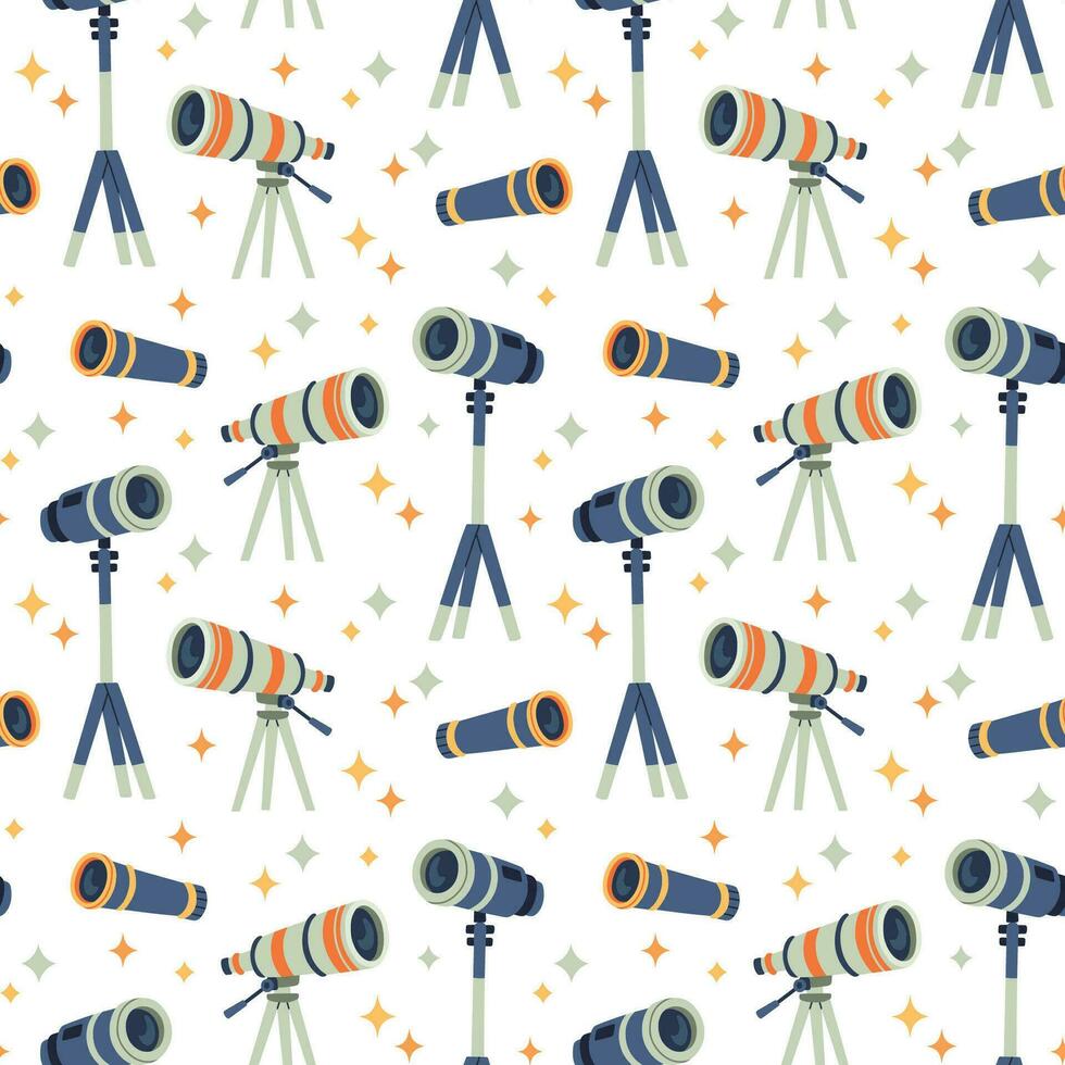Telescope seamless pattern in flat cartoon style for kids education at school, stickers, scrapbooking, nursery room. Vector illustration on white background