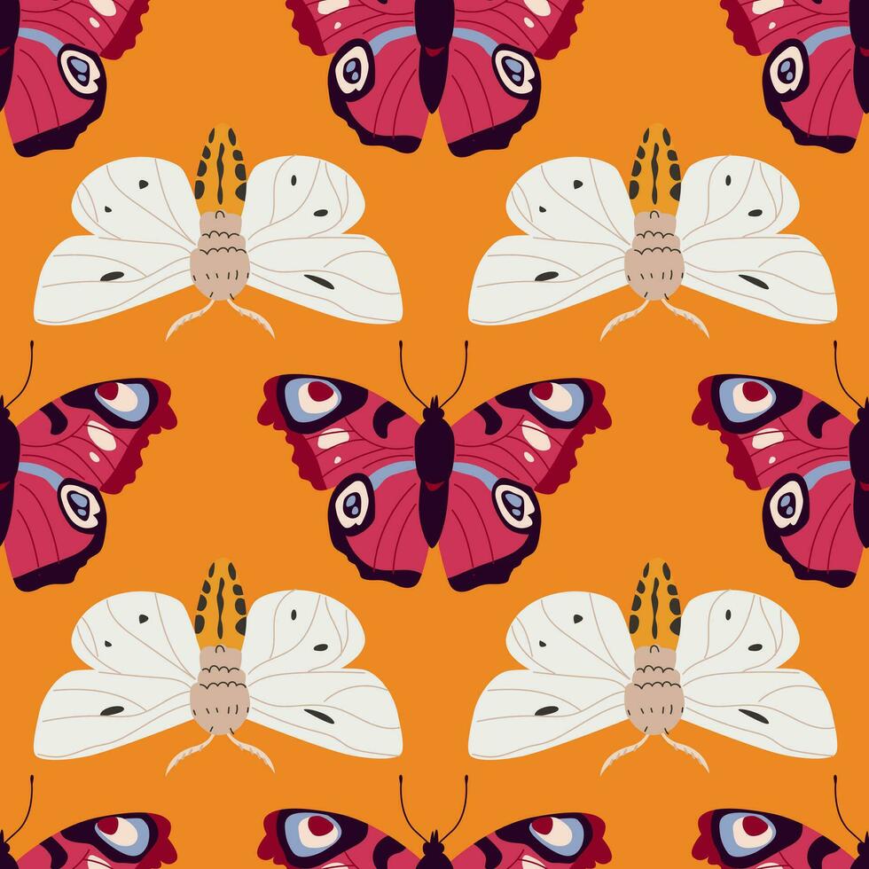 Seamless pattern with butterflies and moths. Wallpaper with decorative insects with colorful wings. Endless flat vector illustration