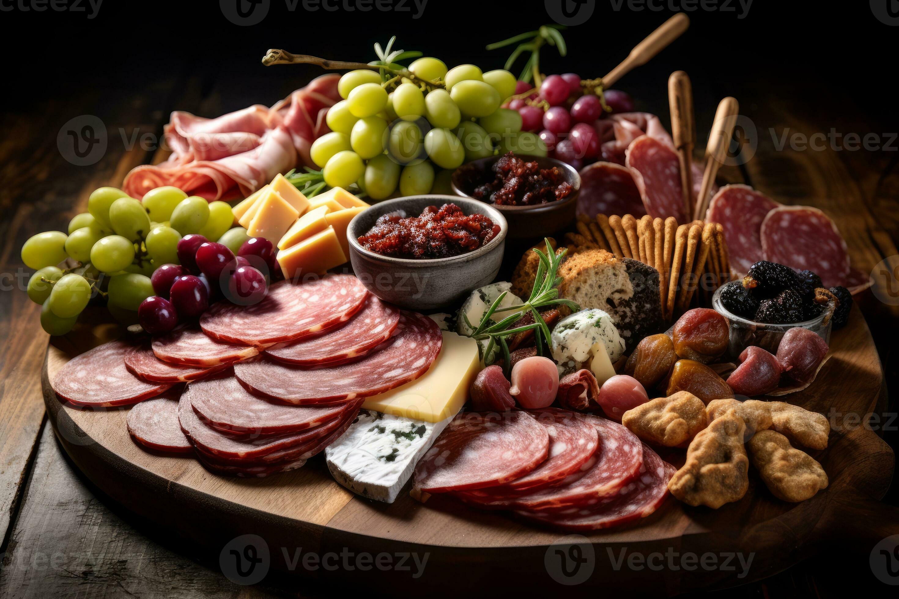 AI generated Photo of a gourmet cheese and charcuterie board with