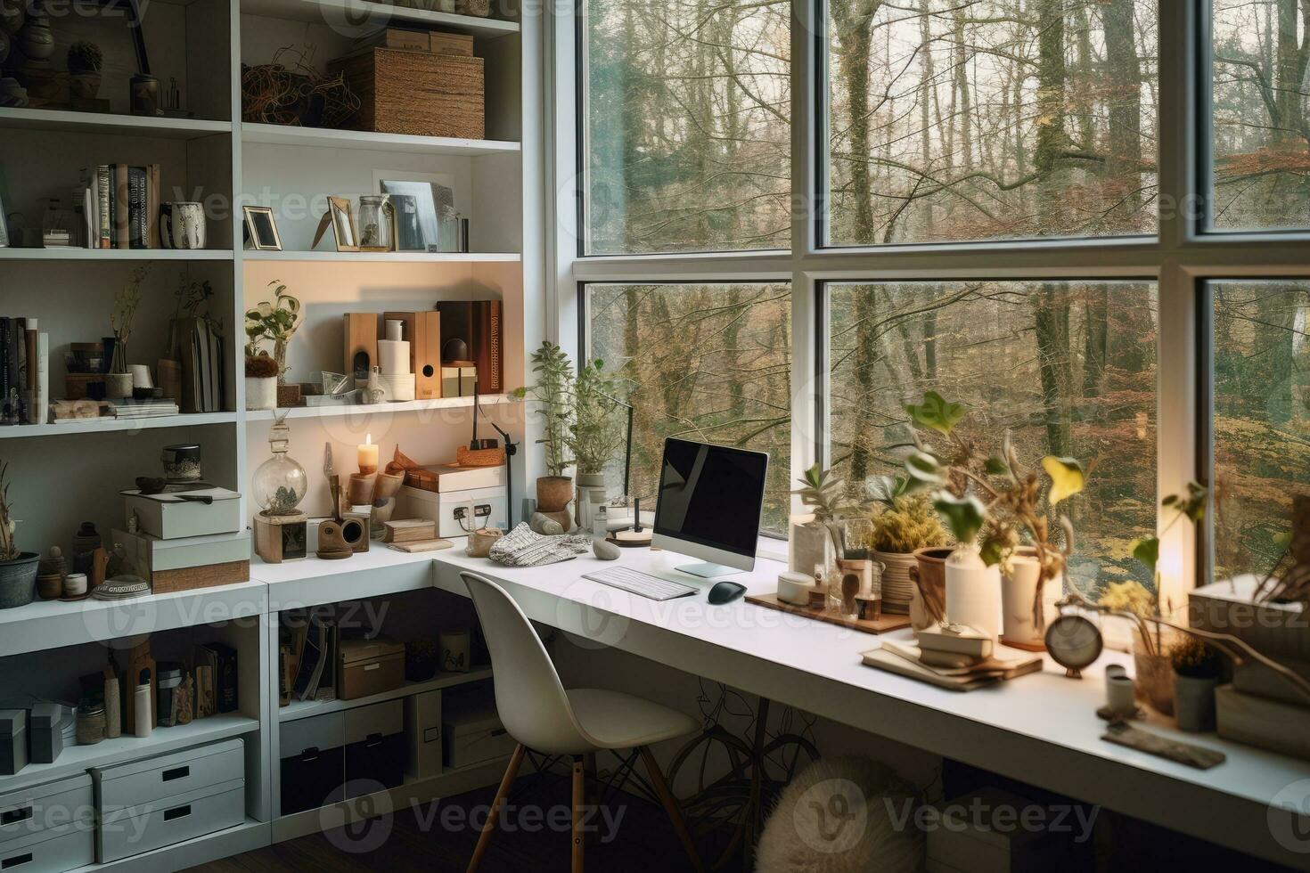AI generated Photo of a modern home office setup with a sleek desk and computer. Generative AI