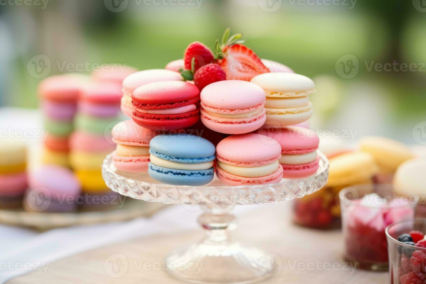 AI generated Photo of a mouthwatering assortment of colorful macarons on a dessert table. Generative AI