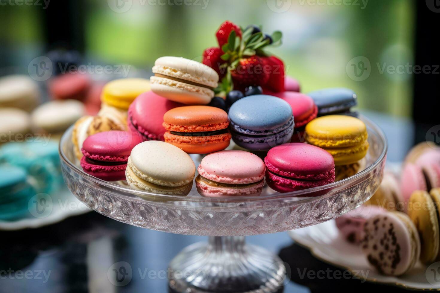 AI generated Photo of a mouthwatering assortment of colorful macarons on a dessert table. Generative AI