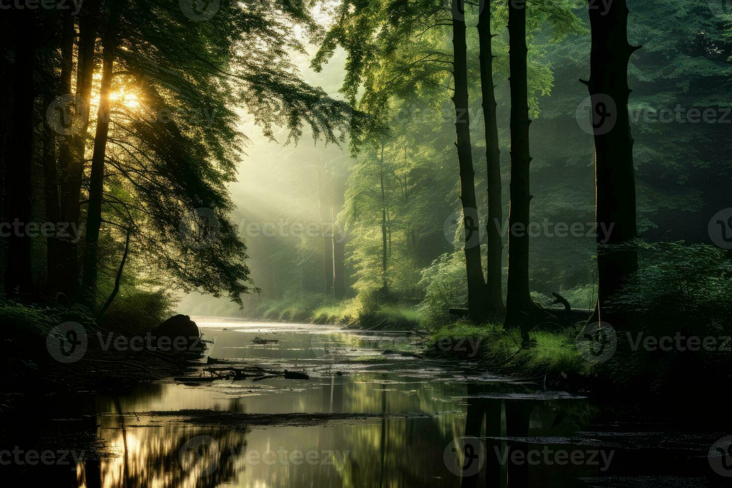 AI generated Photo of a serene forest landscape with misty morning light. Generative AI