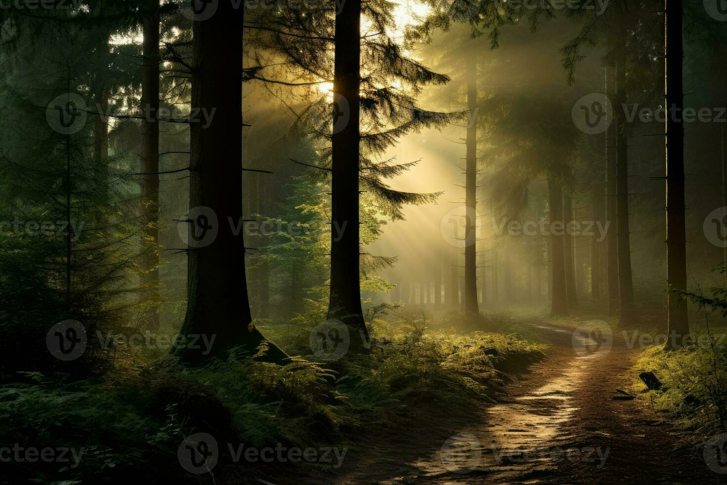 AI generated Photo of a serene forest landscape with misty morning light. Generative AI
