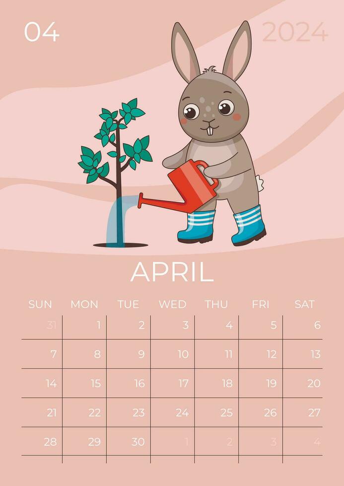 Vertical children calendar 2024. Month of April. Hare in rubber boots waters a young tree from a watering can. A5 format. Vector graphic.
