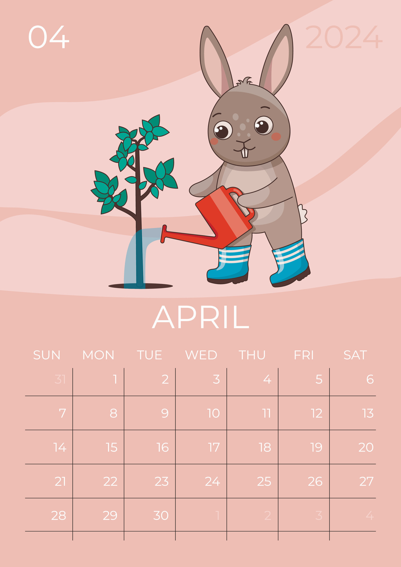 Vertical children calendar 2024. Month of April. Hare in rubber boots