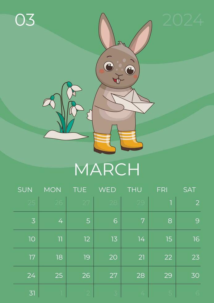 Vertical children calendar 2024. Month of March. Hare in rubber boots holds a paper boat near snowdrops. A5 format. Vector graphic.