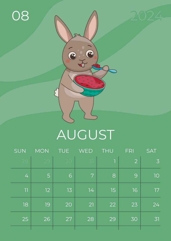 Vertical children calendar 2024. Month of August. Hare eats a juicy watermelon with a spoon. A5 format. Vector graphic.