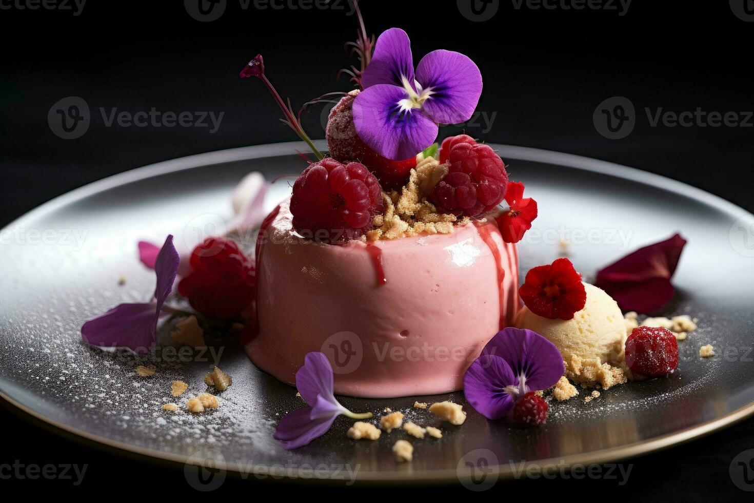 AI generated Photo of a fine dining dessert, like a raspberry sorbet with edible flowers. Generative AI